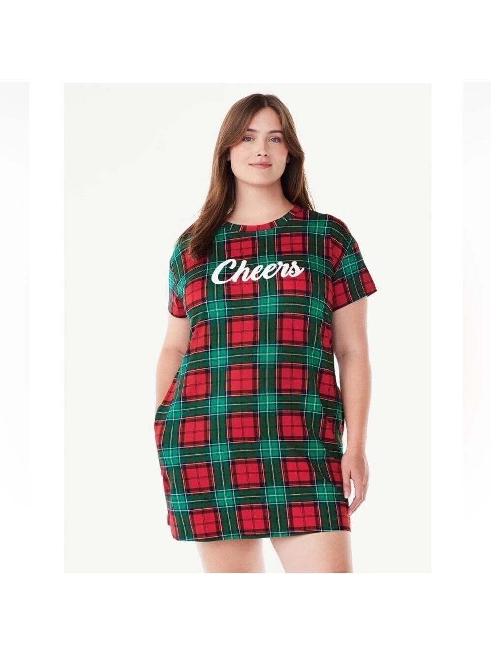 Joyspun Red and Green Plaid Short Sleeve Sleep Dress w/ Pockets Cheer Large XL